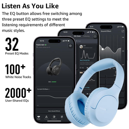 TOZO Bluetooth 5.4 Over Ear Headphones,70H Playtime with Mic,Delay Mode,Foldable Wireless Headset,Deep Bass Stereo Sound,Customizable 32 EQ Music Mode Via Button & App,for Travel and Home, Upgraded