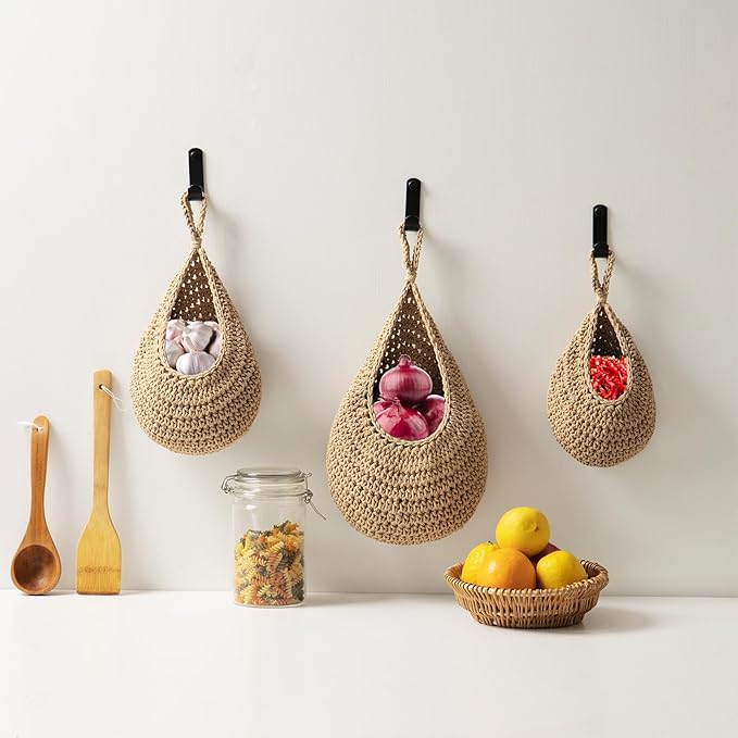 Hanging Fruit Large Basket Set of 3, Boho Wall Hanging Storage Basket