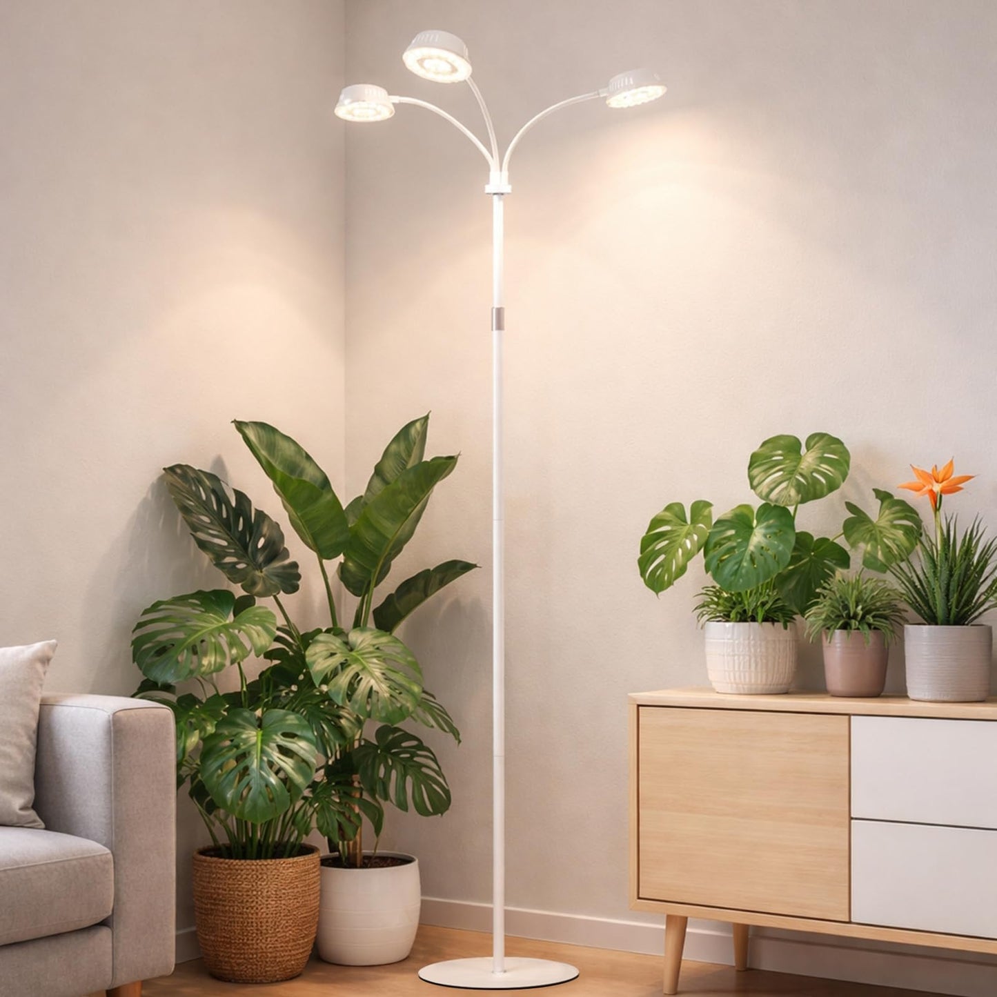 LORDEM Full Spectrum Plant Light for Indoor Growing,Tri-Head Grow Light with Stand for Large Plants,Auto ON/Off Timer 6/8/12/16H, 5 Dimmable Levels, 20-70 inches Adjustable Height