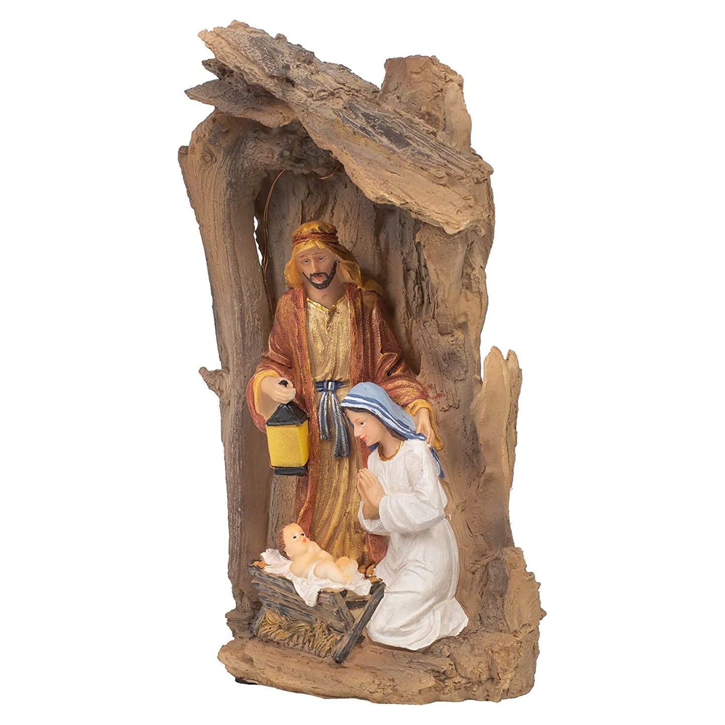 Three Kings Gifts Lighted Holy Family Nativity Scene Christmas Manger Display with LED Lights – Indoor Religious Holiday Décor Featuring Mary, Joseph & Baby Jesus – Rustic Stable Christmas Decoration