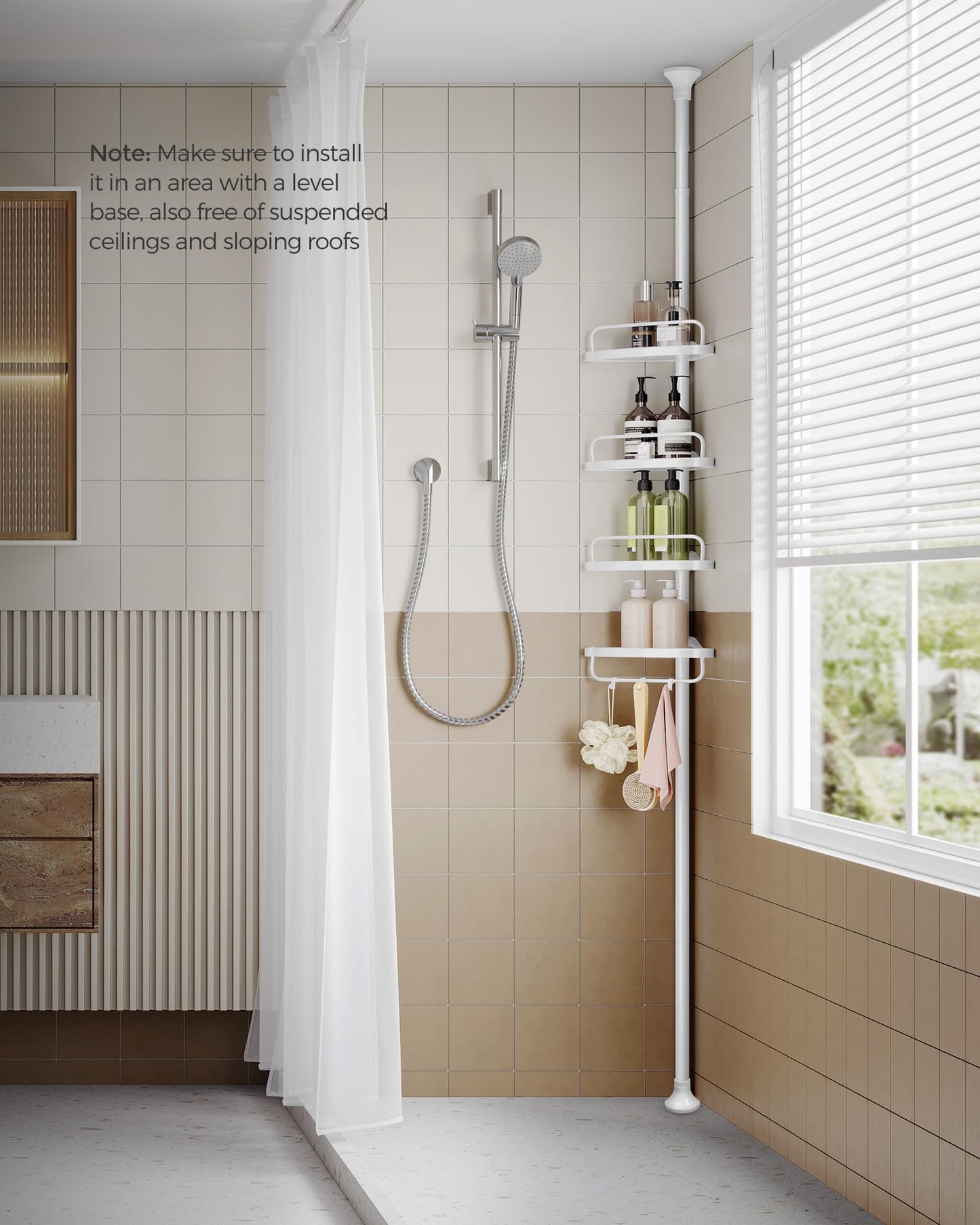 SONGMICS Shower Corner Shelf, 4-Tier Bathroom Shower Shelf, 85-305 cm Adjustable Shower Caddies, Bathroom Organiser, White BCB001A