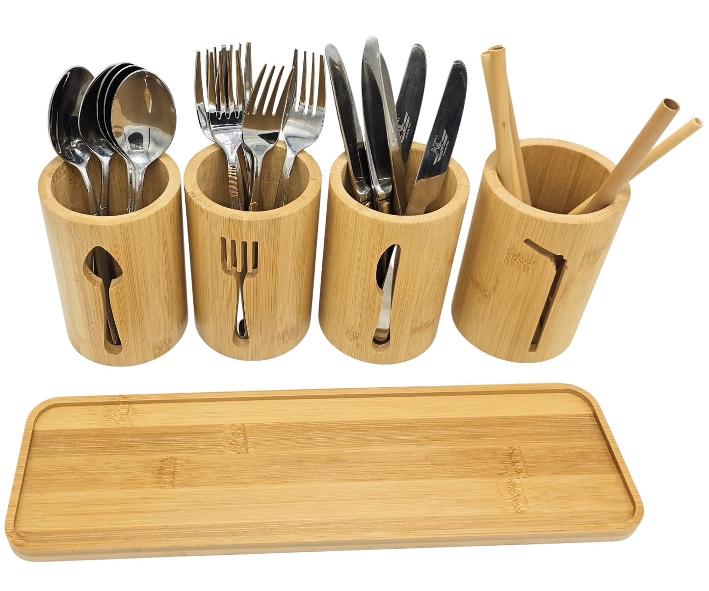 AYAMAX Bamboo Cutlery Holder Set - 4 kitchen Utensils Holder with Bamboo Tray | Decorative kitchen countertop Cutlery Stand | Utensil holder - knife, fork Spoon and Straw holders