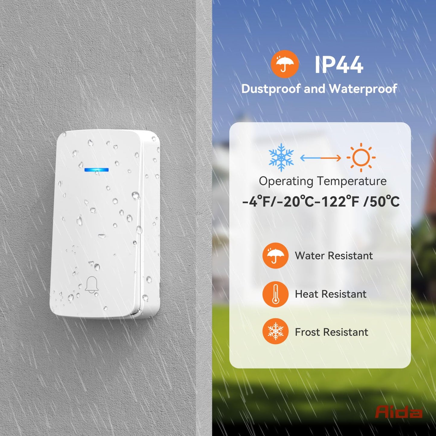 AIDA Wireless Doorbell, Self-powered Doorbell with Extra Socket, No Battery Required Push Button, Cordless Door Bell Ringer, 5 Volume Levels with 32 Doorbell Chimes (White, 2 Button & 1 Receiver)
