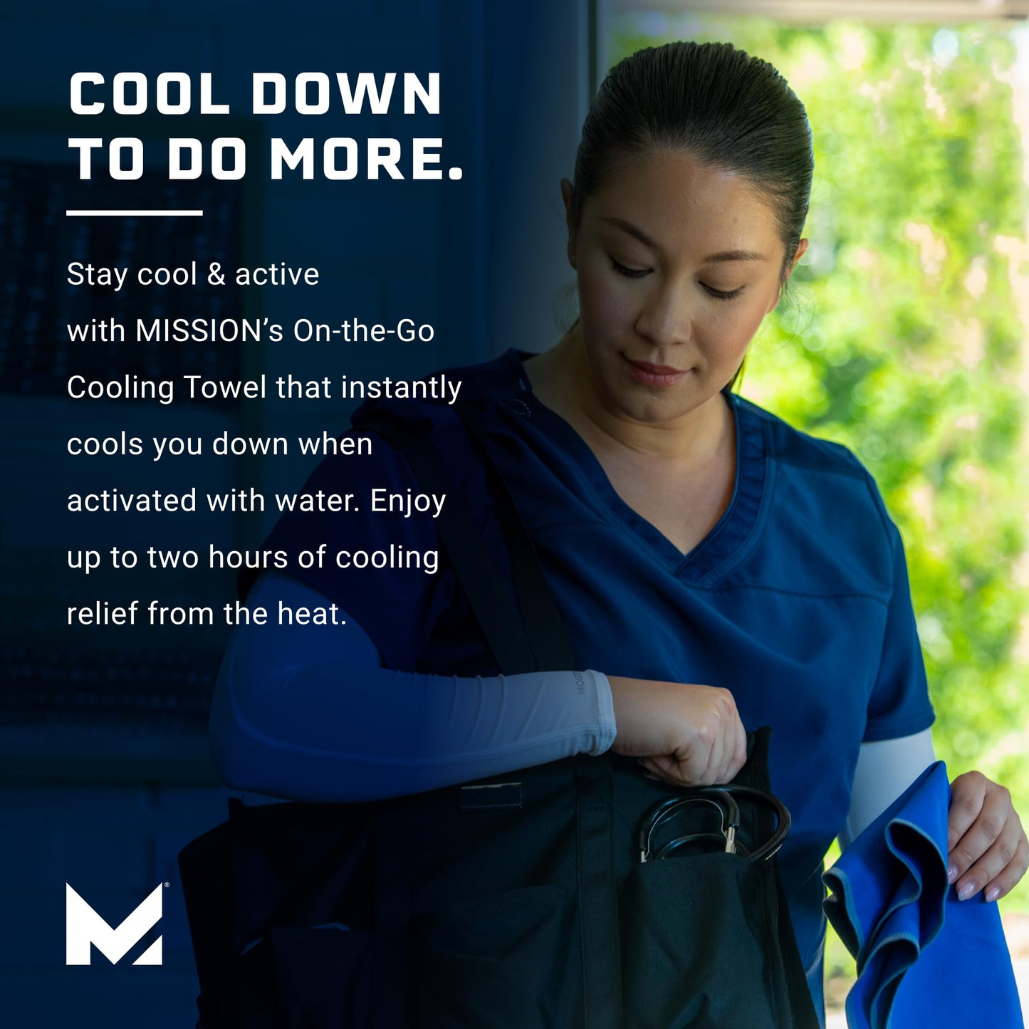 MISSION On-The-Go Cooling Towel, Blue - Soft, Lightweight Fabric - Cools Up to 2 Hours - UPF 50 Sun Protection - Machine Washable