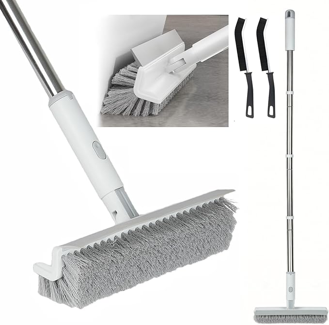 Floor Scrub Brush with Long Handle, 2 in 1 V-Shape Grout Brush with Squeegee +