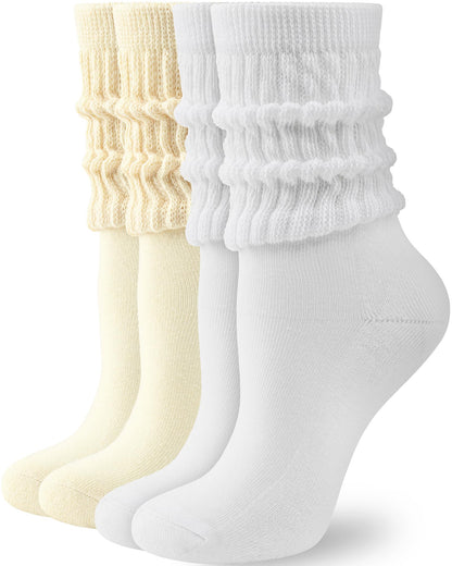 HONGTEYA Slouchy Crew Socks for Women Soft Scrunch Socks Cute Fashion Retro for Boot Sneakers Size 5-11 (US, Alpha, One Size, Regular, Tall, 2pairs Beige/White)