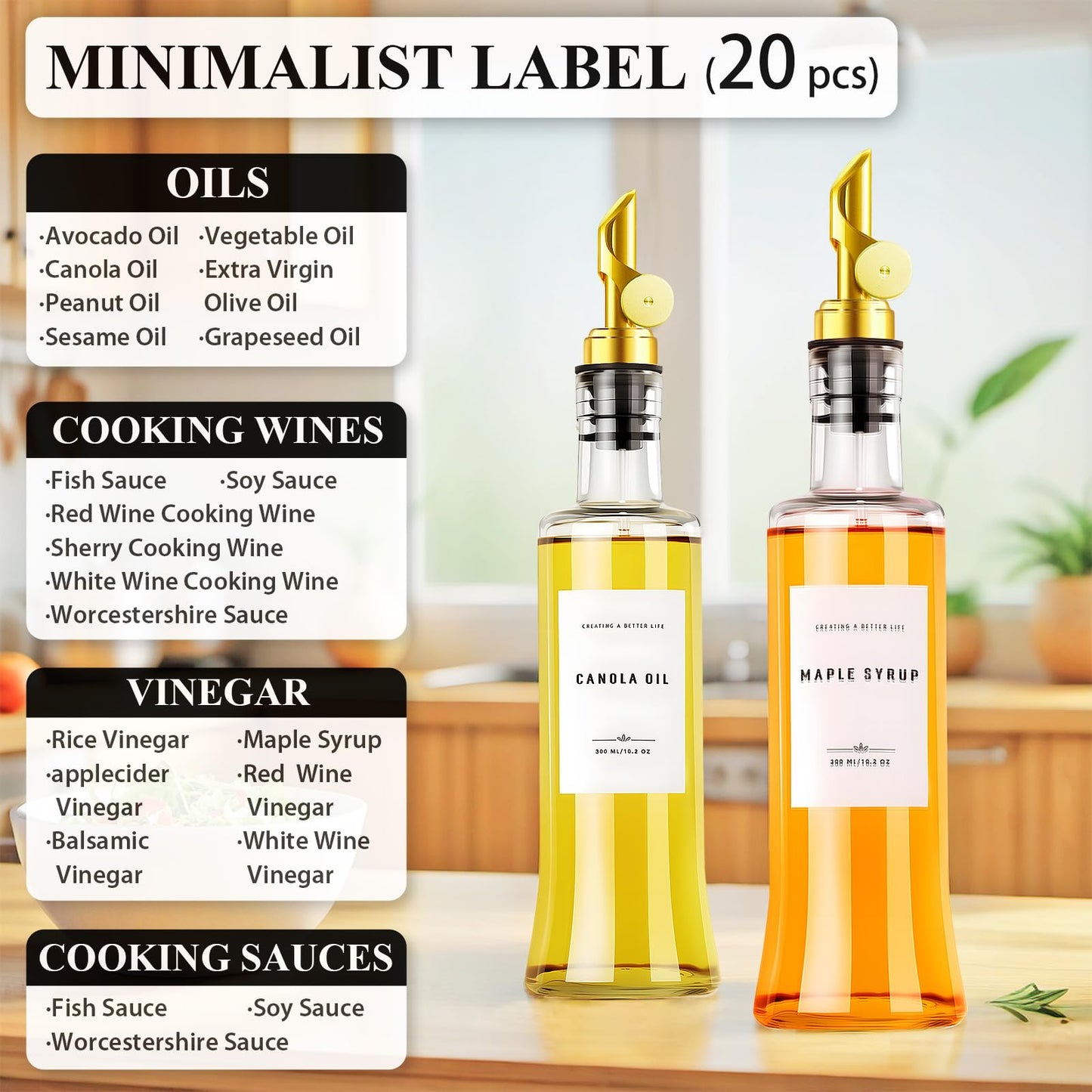 GIXSEGIE Olive Oil Dispenser Bottles for Kitchen with Bamboo Tray, Oil and Vinegar Dispenser Set, Coffee Syrup Dispensers, Glass Dispensers for Kitchen, Dispenser Bottle of 300ml - Set of 2 Gold