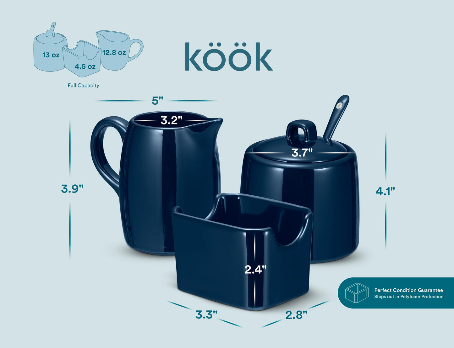 KooK Sugar and Creamer Set, 3 Piece, Pitcher, Sugar Bowl with Lid and Spoon, Sweetener Holder (Navy)