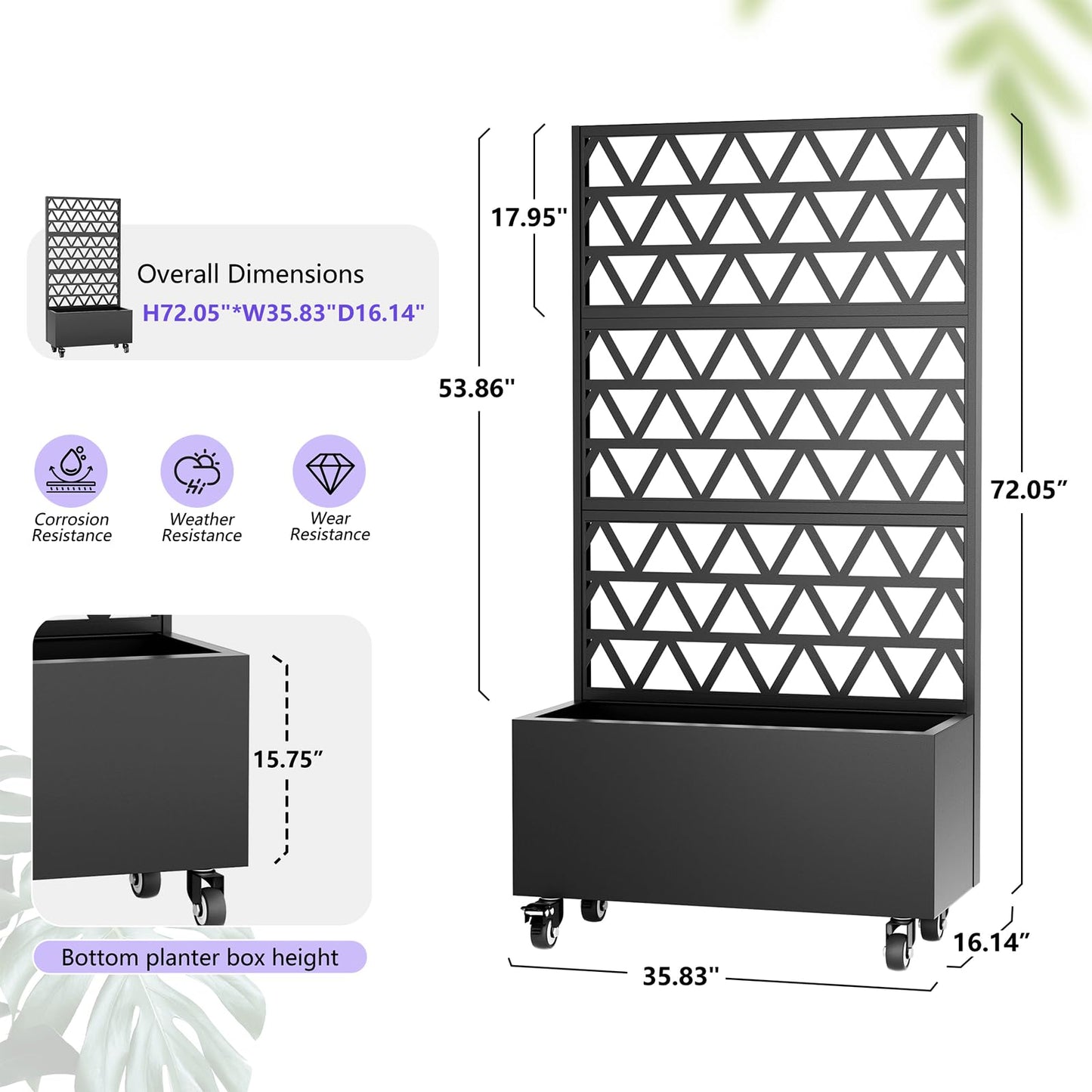 Metal Planter Box with Trellis, 73-Inch Tall Raised Garden Bed with Wheels, Privacy Screen Planter for Climbing Plants, Vegetables & Vines, Galvanized Steel Outdoor Privacy Shield, Black (Square-1)