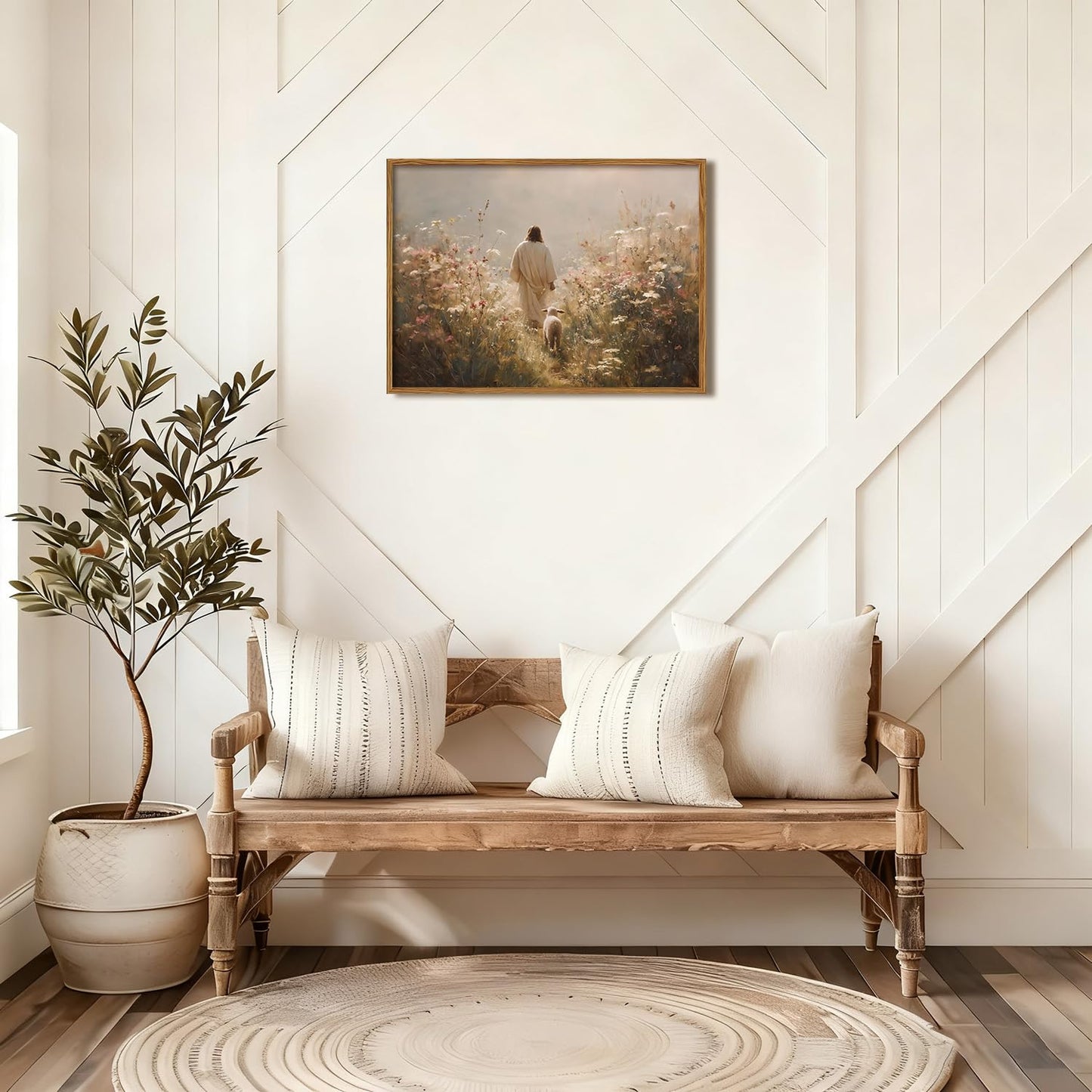 Jesus Leaves the 99 Sheep Wall Art, Christian Jesus and Lamb Pictures Wall Decor Paintings, The Lost Sheep Canvas Prints Religious Home Decor Living Room Bedroom Church Wood Framed 12x16 inch