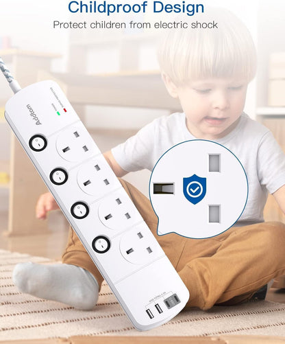 1.8M Extension Lead, 4 Way Socket Outlets Power Strips with 4 USB (2 Type C & 2 USB A), 1050J Surge Protection Multi Plug Extension with Braided Extension Cable for Home, Office, Individually Switched