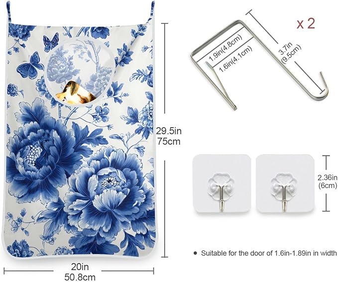 Blue and White Peony Flowers Butterfly Hanging Laundry Hamper Door Hampers Bag