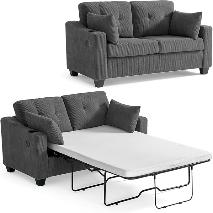 Full Size Pull Out Sleeper Sofa Bed, 2-in-1 Convertible Corduroy Pull Out Couch