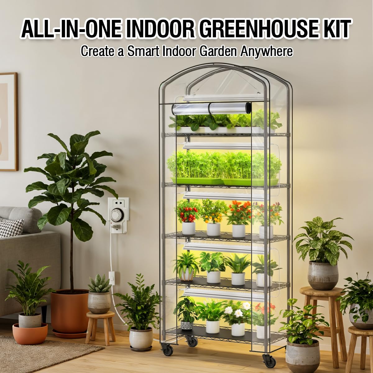 CUVERC Small Indoor Greenhouse with Grow Light & PVC Cover Portable Mini Greenhouse Tent Shelves Adjustable 5 Tier Metal Plant Stand with Grow Light for Indoor Plants, Seed Starting, 29.5"x13.7"x71"