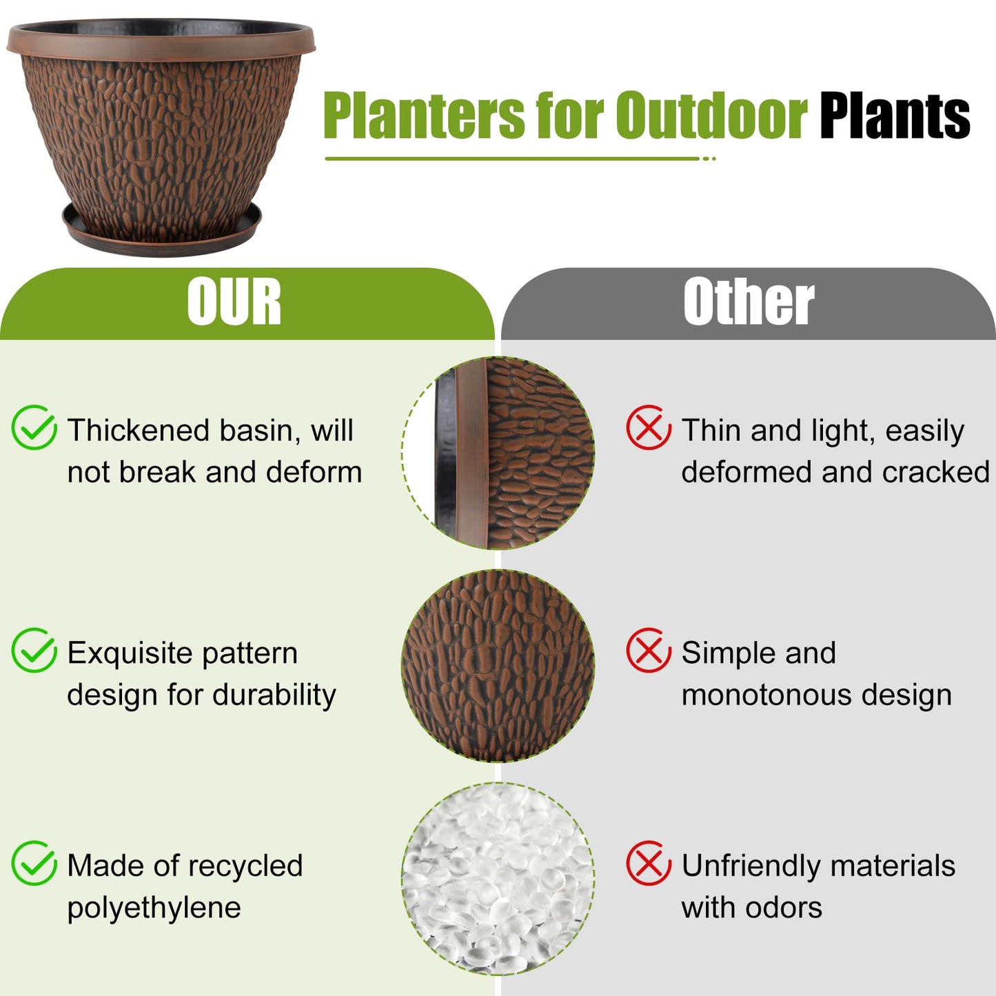 Nooulap 4 Pack Flower Pots Outdoor, 10 Inch Plant Pot with Drainage Hole & Tray, Thickened Plastic Planters for Indoor Outdoor Plants, Lightweight Brown Decorative Garden Pot with Saucer