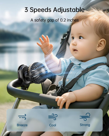 SWEETFULL Stroller Fan with Clip - Portable Rechargeable Mini Fan with Strong Clamp, 3 Speeds, 11Hrs Cooling, Cute Small Personal Desk Cooler for Bed Pet Carriers Umbrell Travel Outdoor - Black