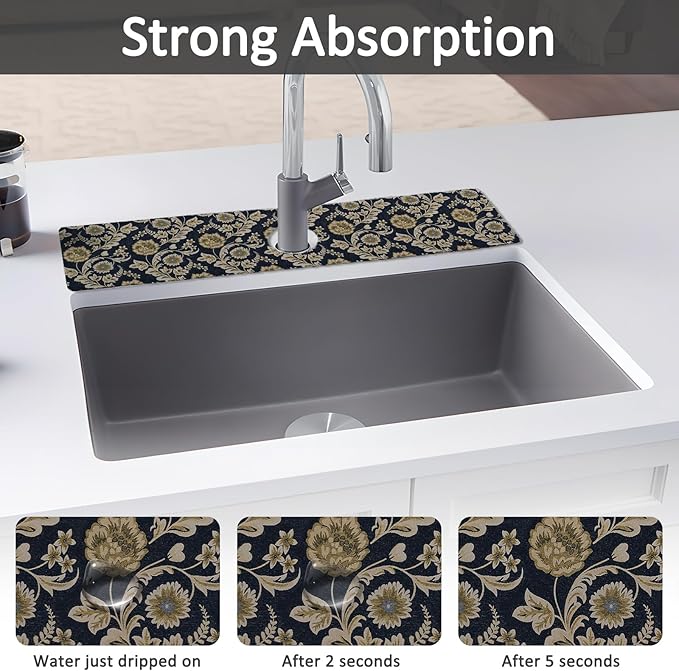 24" X 5.5" Kitchen Sink Splash Guard Faucet Mat Floral Flower Super Absorbent