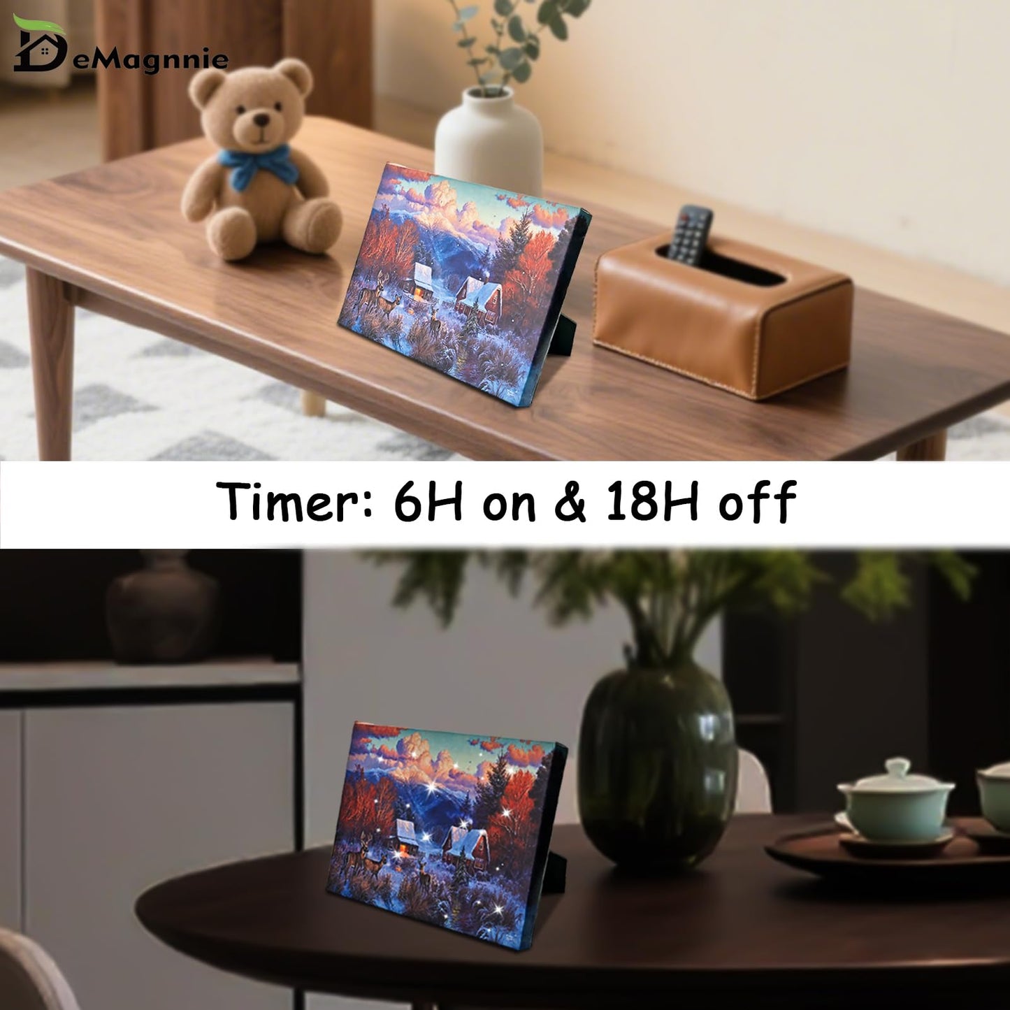 DEMAGNNIE Small Lighted Christmas Wall Art with Timer Twinkling Fiber optic Lights - 6x8in Standing Framed Winter Snowy Scene Canvas Picture Tabletop Decor, Ready to Hang Reindeers Light Up Wall Art