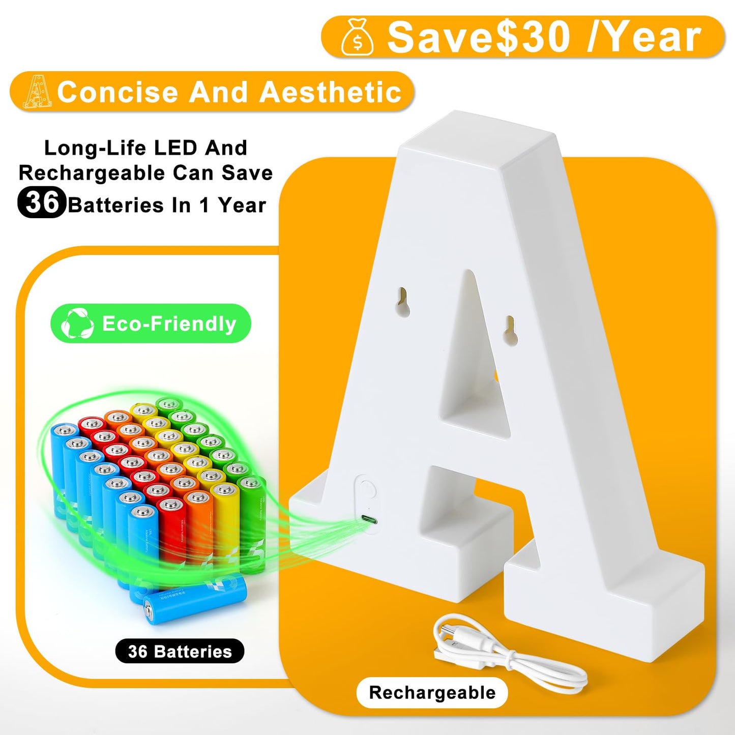 Foaky Rechargeable LED Letter Lights Sign Marquee Light Up Letters Sign for Night Light Wedding/Birthday Party Christmas Lamp Home Bar Decoration (O)