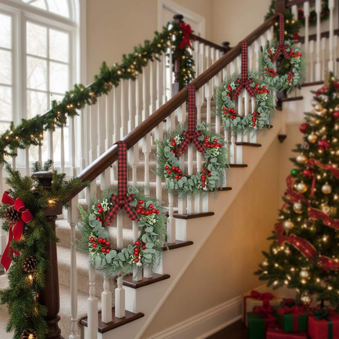 6 Pcs 8" Mini Christmas Wreaths for Kitchen Cabinet Small Christmas Candle Rings Wreaths, Front Door Pillars/Home Table Centerpieces Hanging Garlands, for Windows/Wedding Decor (No Red Ribbon)