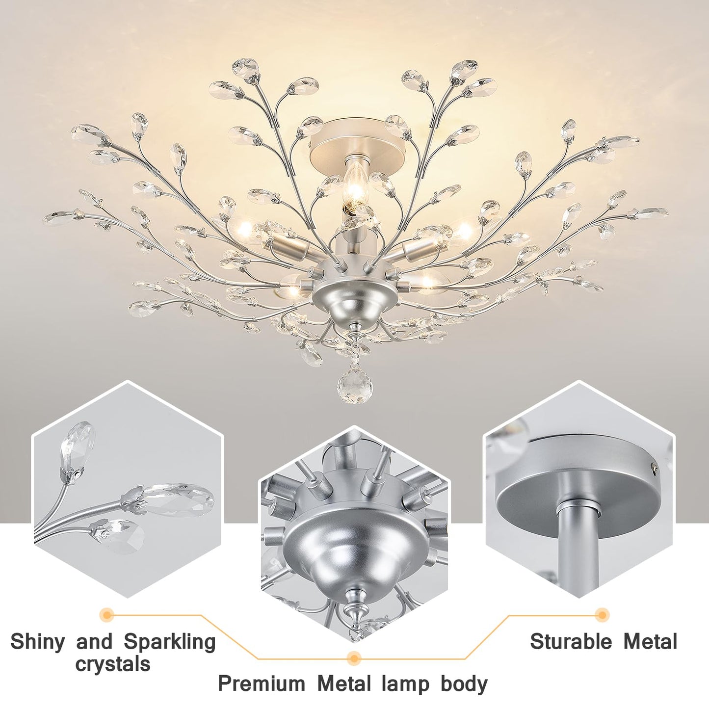 CVKASH 5-Light Vintage Small Crystal Chandelier Modern Silver Branche Ceiling Light Fixture Farmhouse for Kitchen Dining Room Living Room Bedroom Hallway Foyer