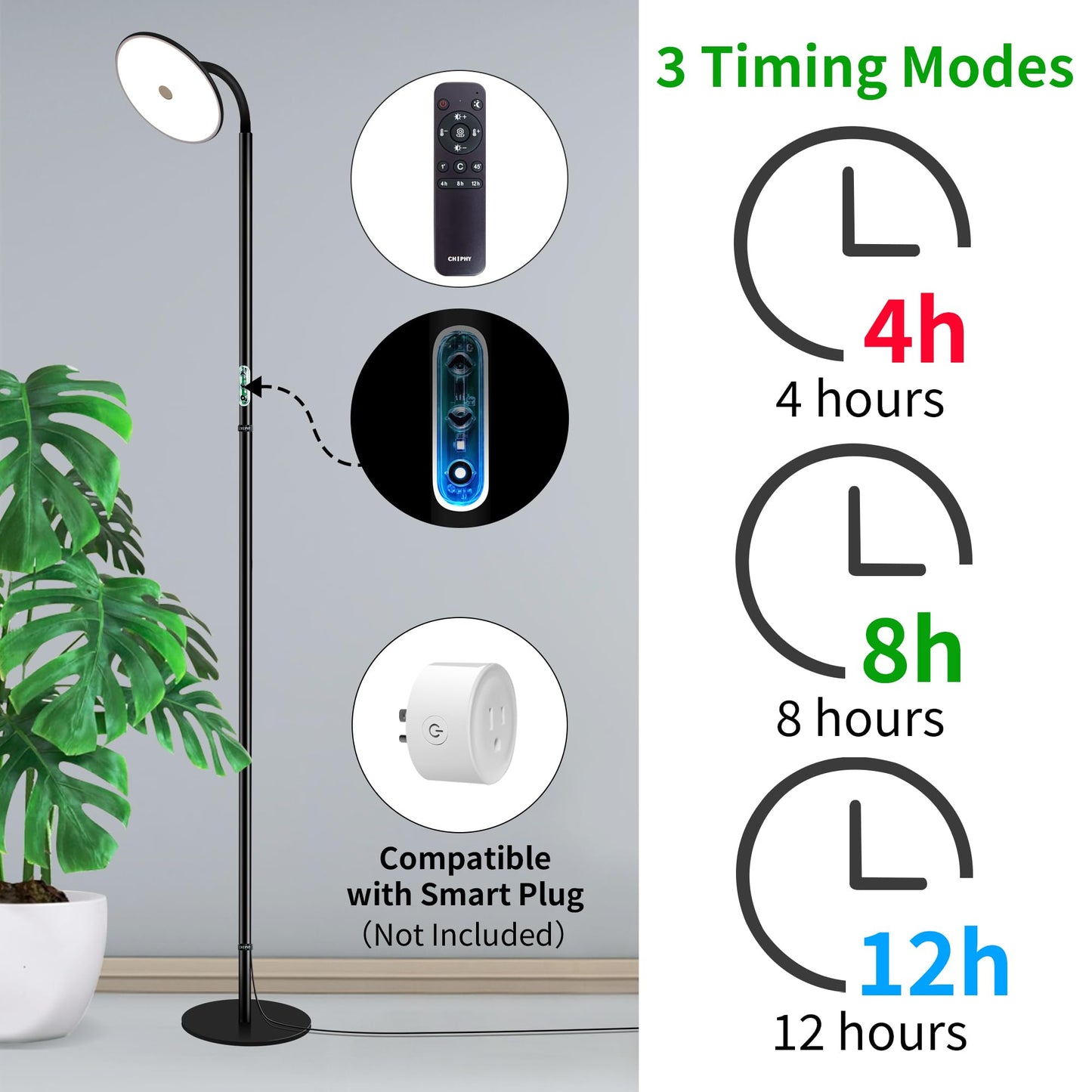 chiphy Grow Lamp, 60W Full Spectrum Grow Lights for Indoor Plants, 4/8/12H Timer, 2300K-6500K, 10 Dimmable Brigntness, 76'' Height Adjustable, Remote Control, Ideal for Tall Large Plants