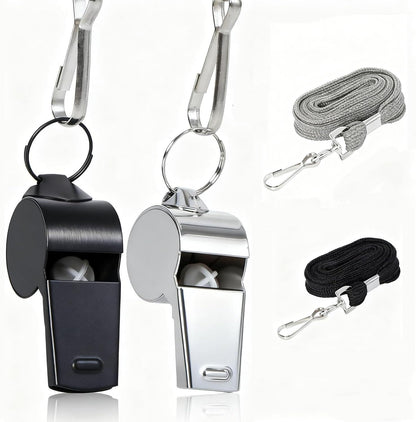 JCKHXG Whistle,2pcs(Black+Silver) Stainless Steel Whistle and Lanyard, Clear Bright and Loud Crisp Sound Whistle Ideal for Coaches, Referees, and Officials