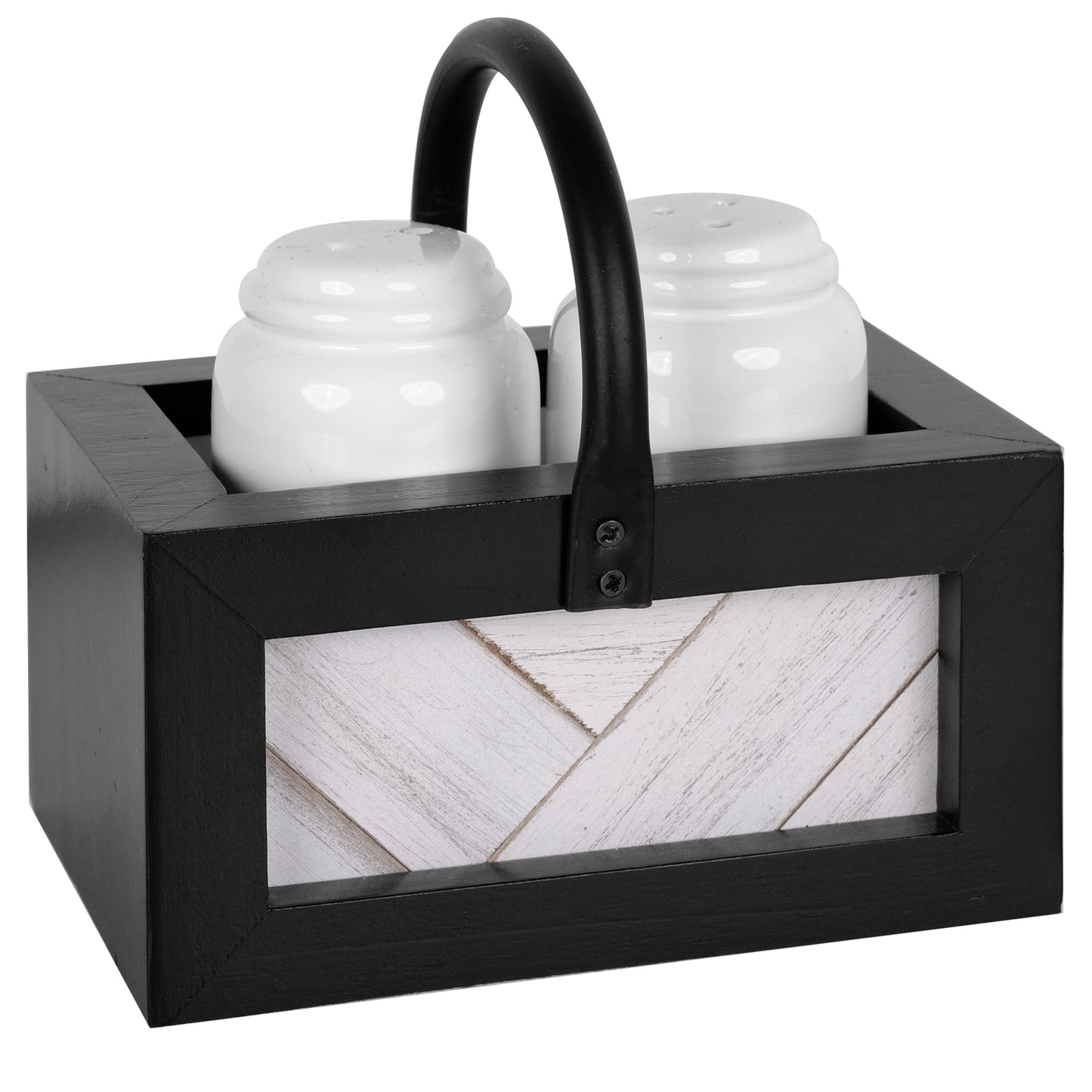 Autumn Alley Farmhouse Salt and Pepper Shakers Set for Kitchen Counter – Striking Black and White Salt and Pepper Shakers Set with Holder – Unique Shiplap Design for Farmhouse Kitchen Decor