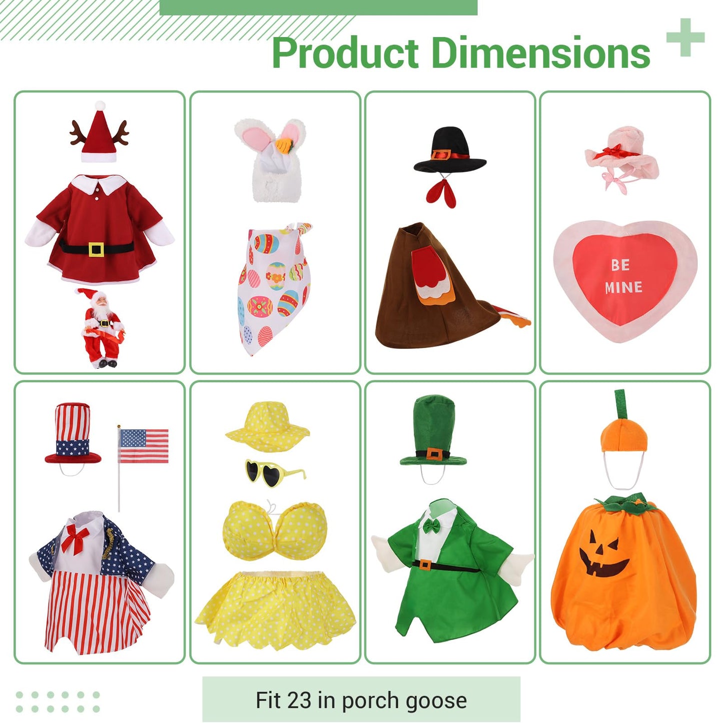 Cidomax 8 Set Holiday Porch Goose Outfits for 23 in Statue, All Seasons Bundle for Valentine St. Patrick Easter Summer Halloween Christmas, Lawn Goose Outfits for Patio Yard Decor