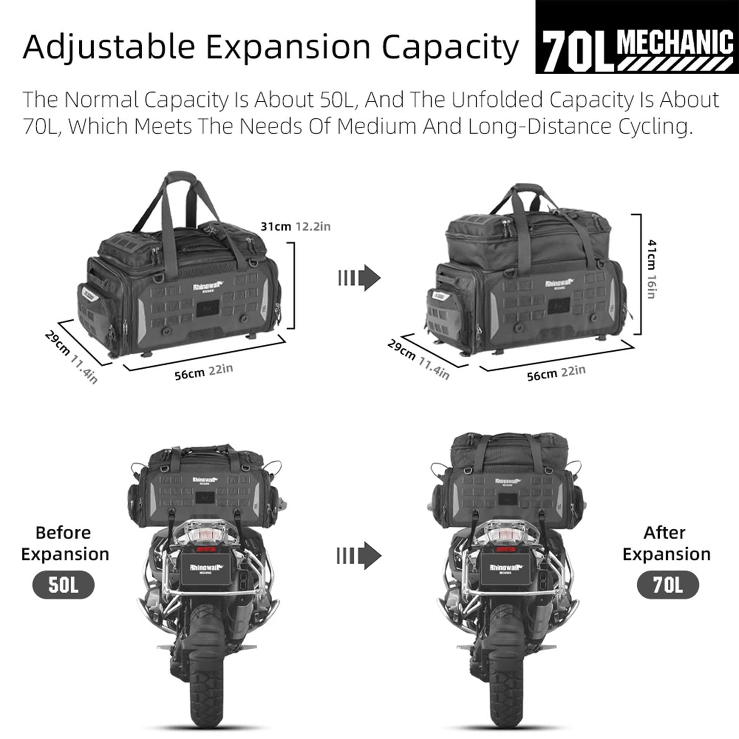 abamita Motorcycle Tail Bag Expandable 50-70L Travel Luggage with Rain Cover Backpack & Molle System-Black
