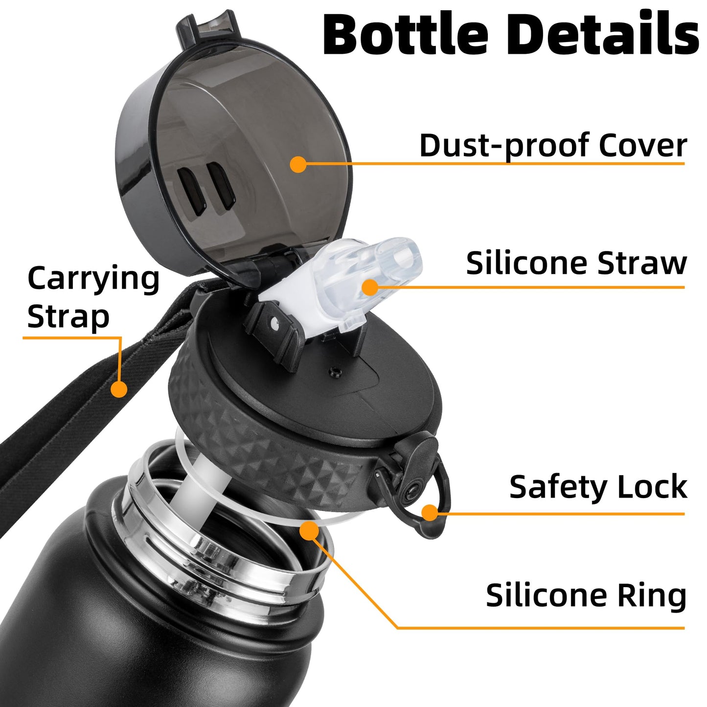 OLDLEY Stainless Steel Water Bottle with Straw 1L Vaccum Insulated Large Drink Flask Metal Water Bottles 1 Litre Leakproof Keep Drinks Hot Cold for Bike Sports Gym Adult Women Men(Black,1 Lid)