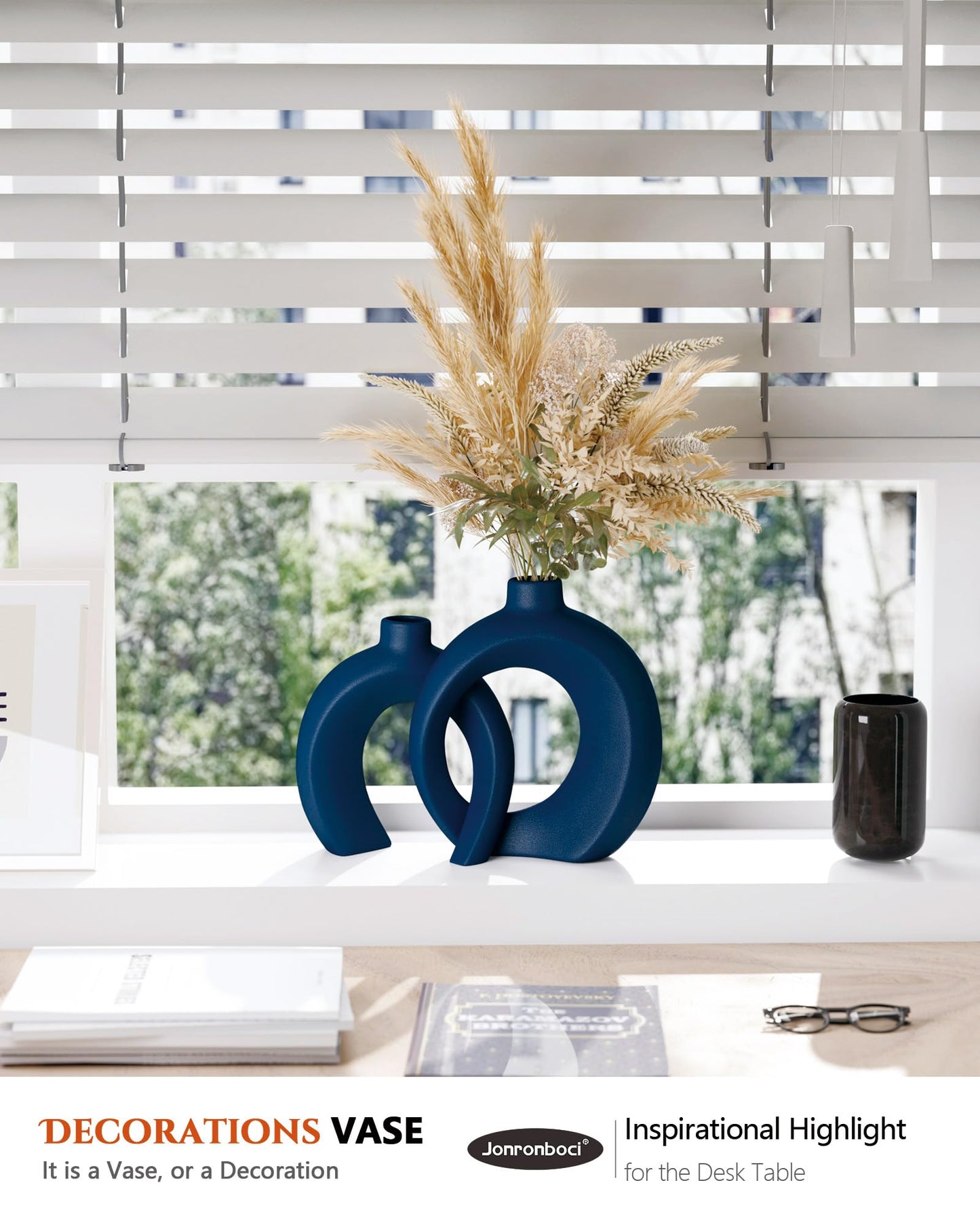 Blue Vase Set of 2 - Donut Navy Vases Home Decor, Modern Coastal Decor - Decorative Vase, Ceramic Decorations for Living Room Coffee Table Bookshelf Shelf Console Mantle (Matte Navy Blue)