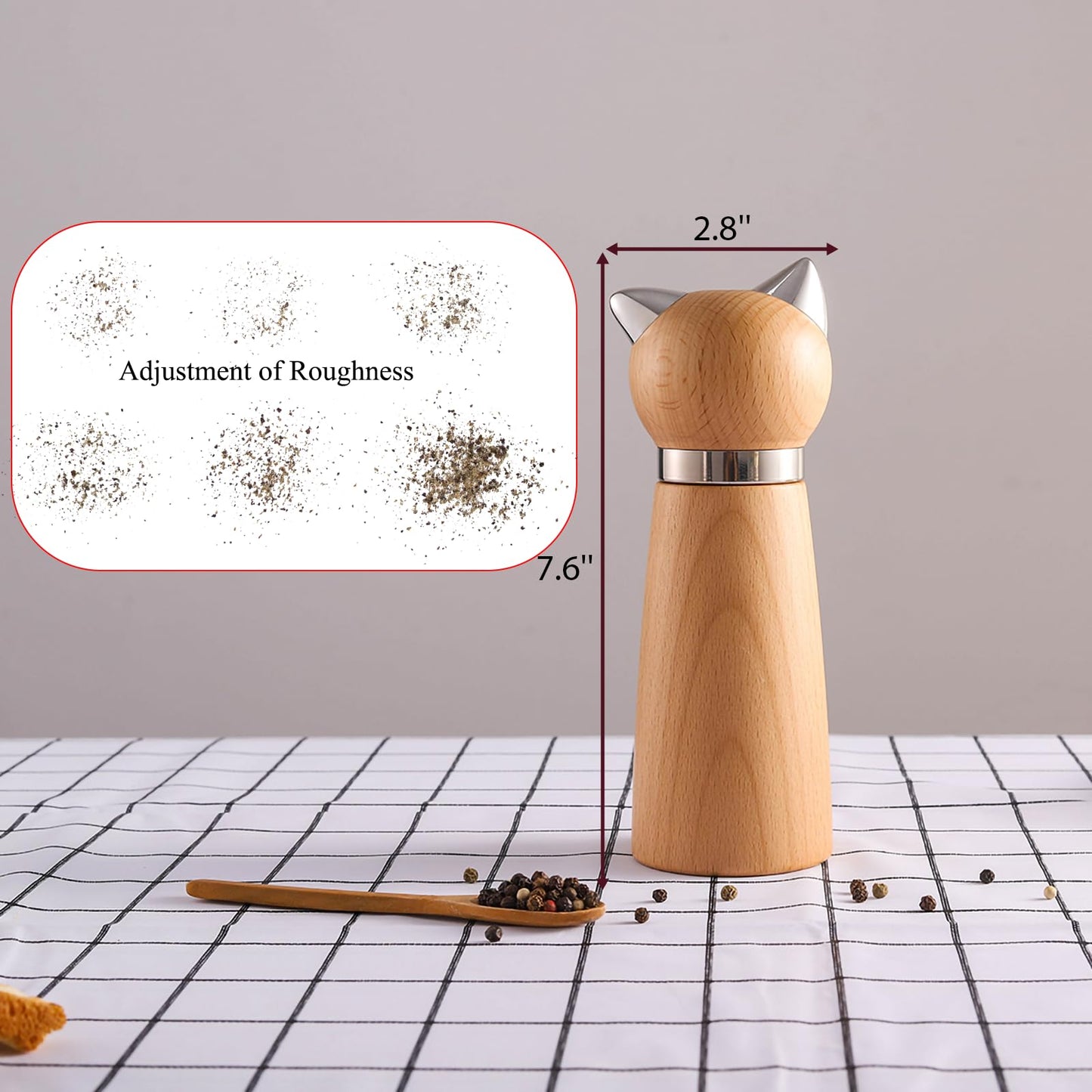 Hoivvy Manual Pepper Mill & Salt Grinder - Wood Adjustable Refillable Pepper Mill for Cat Lovers,Cute Kitchen Gift &Kitchen Counter Decor(7.6" Height)