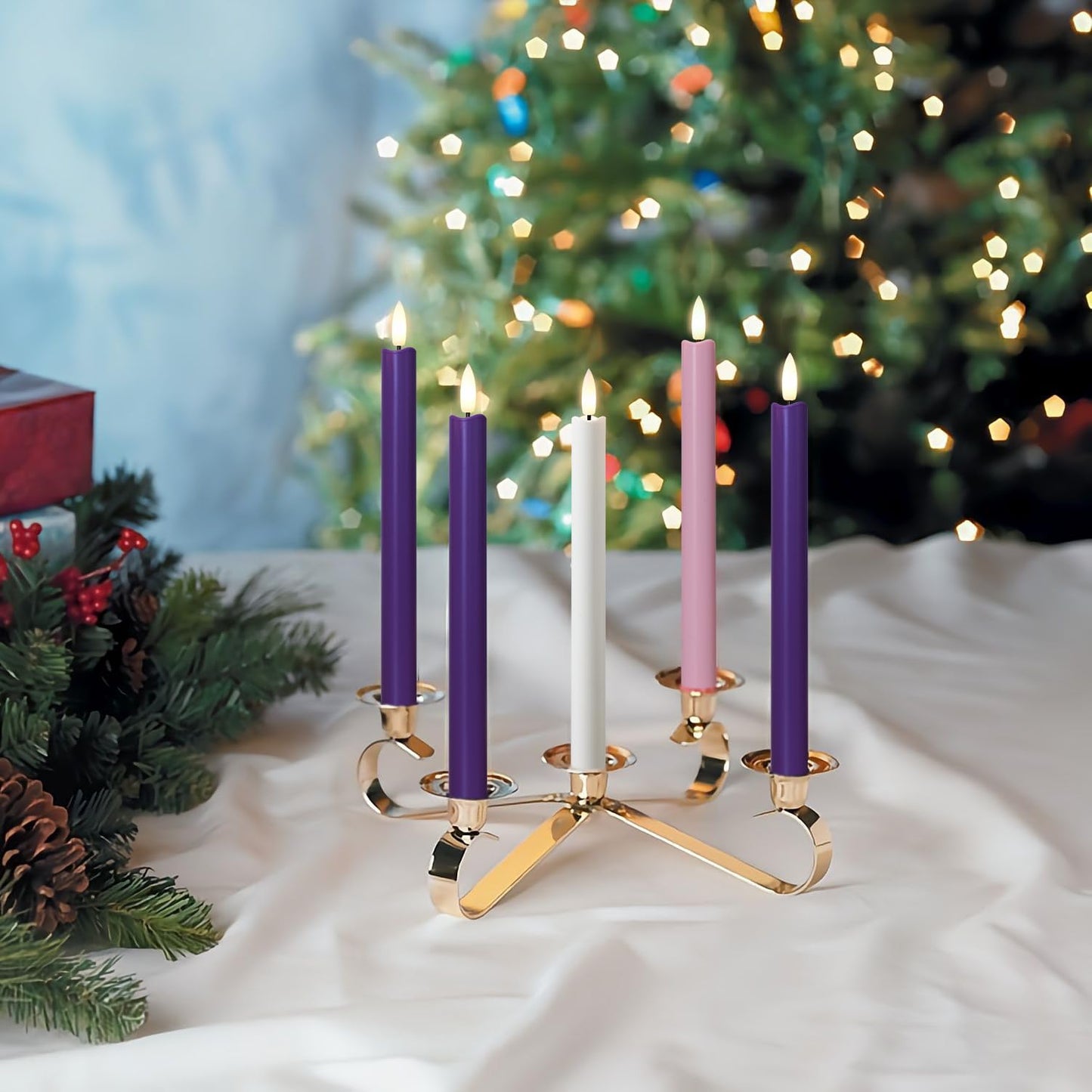 Stmarry Flameless Advent Candles, Set of 5 - Flickering LED Flame, 10 Inch Taper Candlesticks, Remote Controlled - 3 Purple, 1 Pink, 1 White for Christmas Wreath