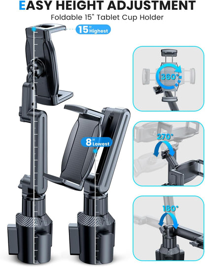 eSamcore Tablet Holder for Car, for iPad Cup Holder Car Mount with 1.57" Depth Large Clamp 15" Height Adjustable Tab Mount Holder for 6"-12.9" Cell Phone iPhone iPad Stand Travel Accessories