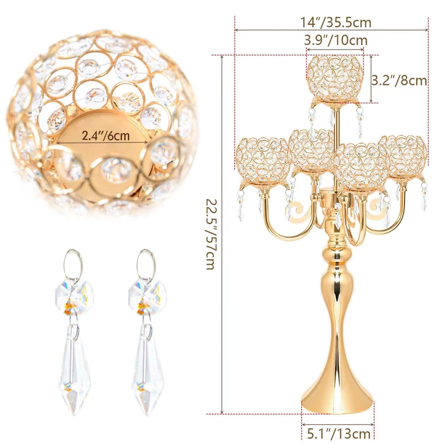 Kehail 5 Arm Gold Candle Holder 22.5 Inch Tall Crystal with Pendant, Romantic Home Decor Elegant Candlestick Holder for Dates Wedding Receptions Holiday Party Important Events