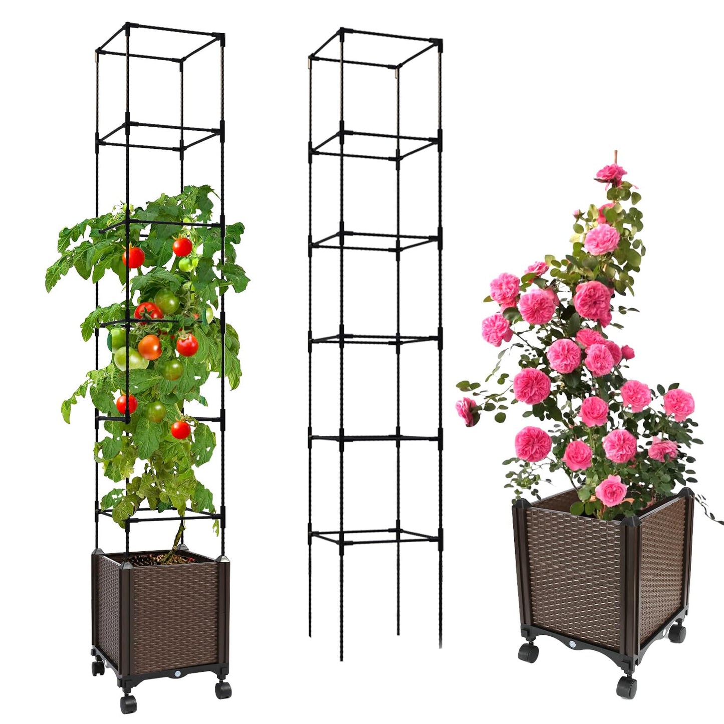 Jayhalo 71inch Planter Boxes Outdoor, 3-in-1 Planter Box with Trellis with Wheels for Growing Vegetables, 6 Layer Tomato Cage with Tomato Planters, Self Watering for Indoor Outdoor Use