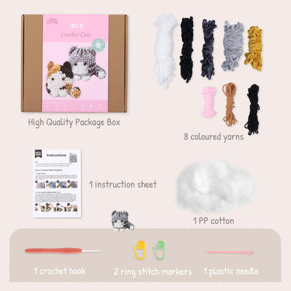 HOUSE CREATIVITY Chenille Crochet Kit for Beginners, Make 2 Ultra-Soft Cat Plushies, Amigurumi Crochet Starter Kit with Video Tutorial, Plush DIY Craft Kit with Chenille Yarn, Hook, Eyes & Stuffing