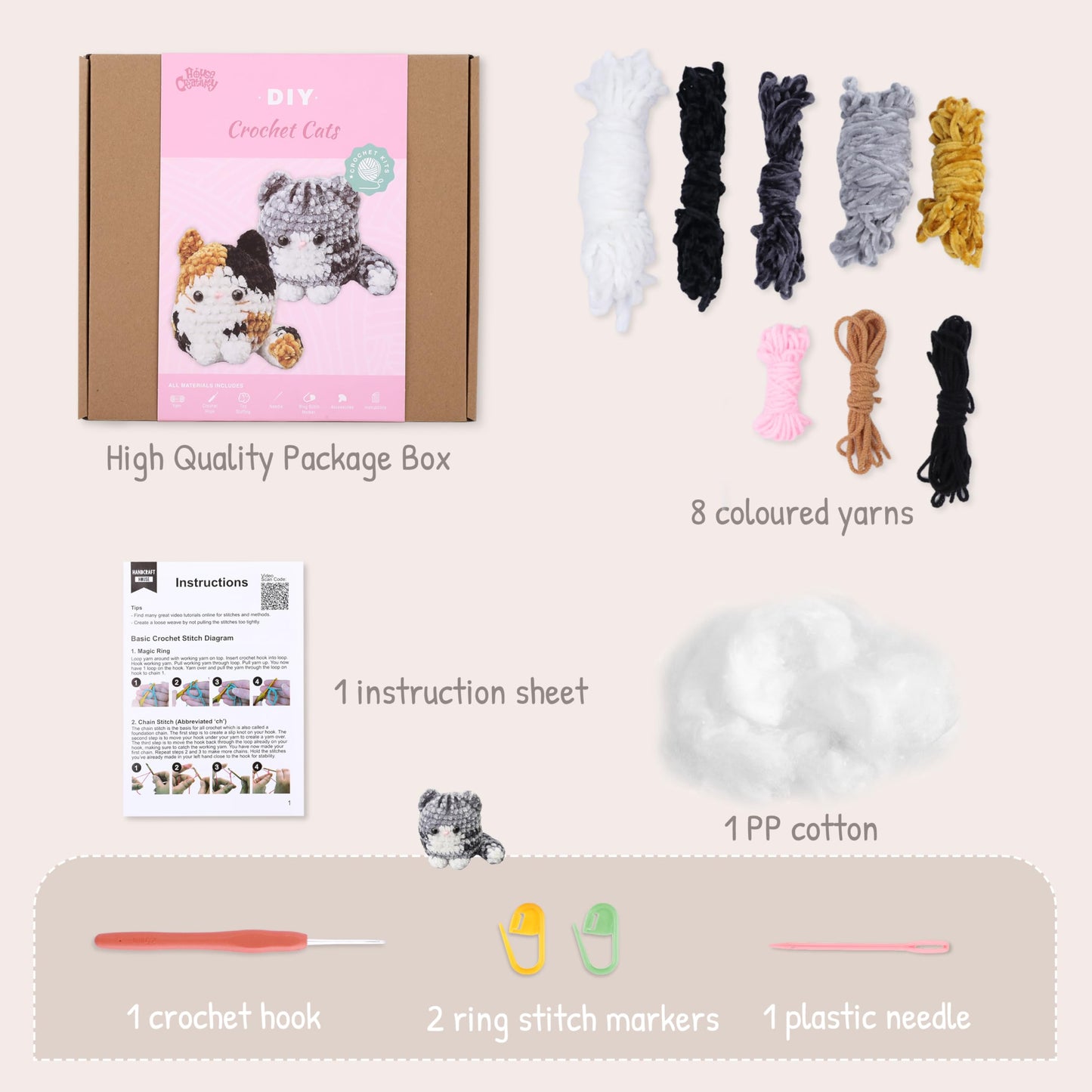 HOUSE CREATIVITY Chenille Crochet Kit for Beginners, Make 2 Ultra-Soft Cat Plushies, Amigurumi Crochet Starter Kit with Video Tutorial, Plush DIY Craft Kit with Chenille Yarn, Hook, Eyes & Stuffing