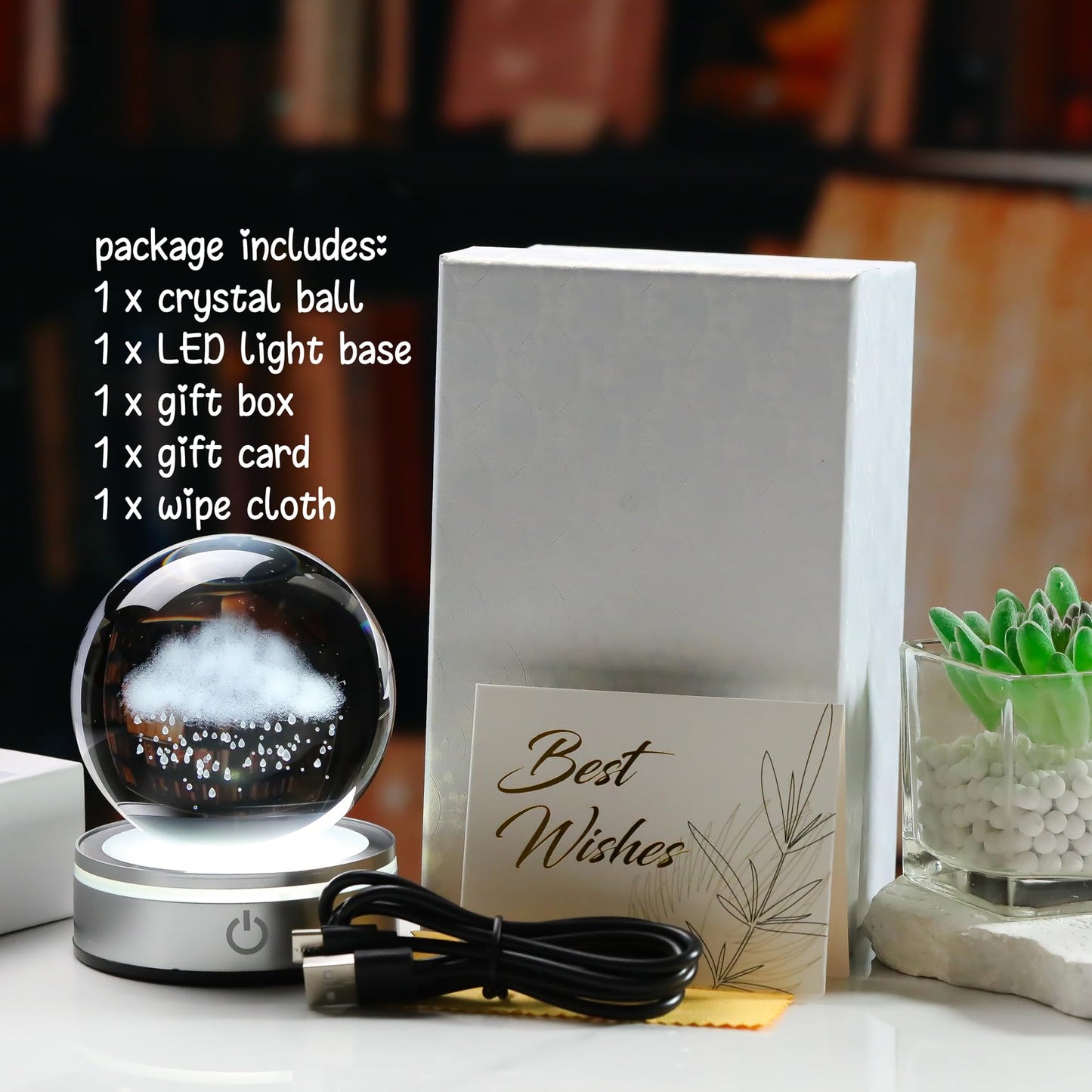 Arikyrist 3.15in. 3D Cloud and Rains Crystal Ball Gifts for Women Men, K9 Crystal Decorative Ball Engraved Cloud and Rains Figurine Paperweight with LED Light Base for Home Office Decoration