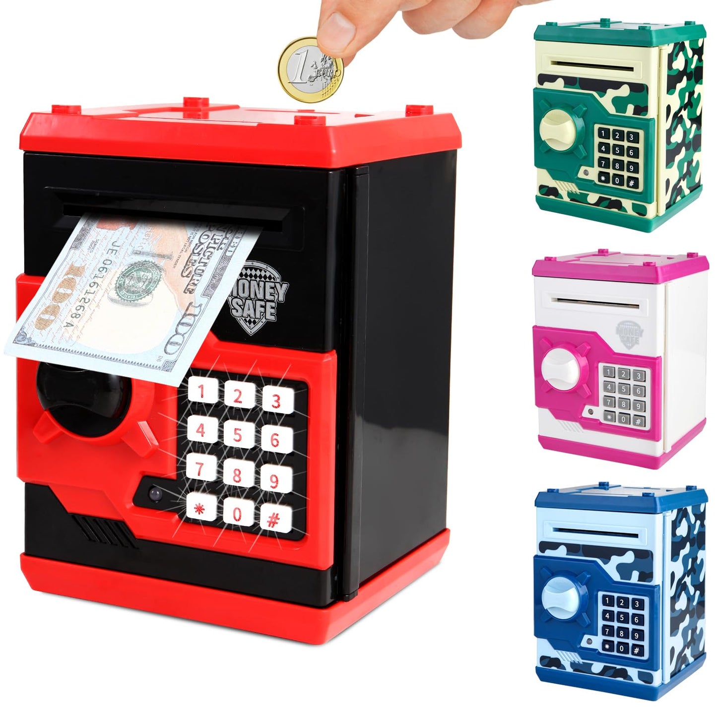 Pup Go ATM Money Box for Girls, Auto Scroll Paper, Password Code Lock Piggy Bank, Cash Coins Saving Box for Kids Age 3 4 5 6 7 8, Perfect Toy Birthday Gifts for Children(Red)