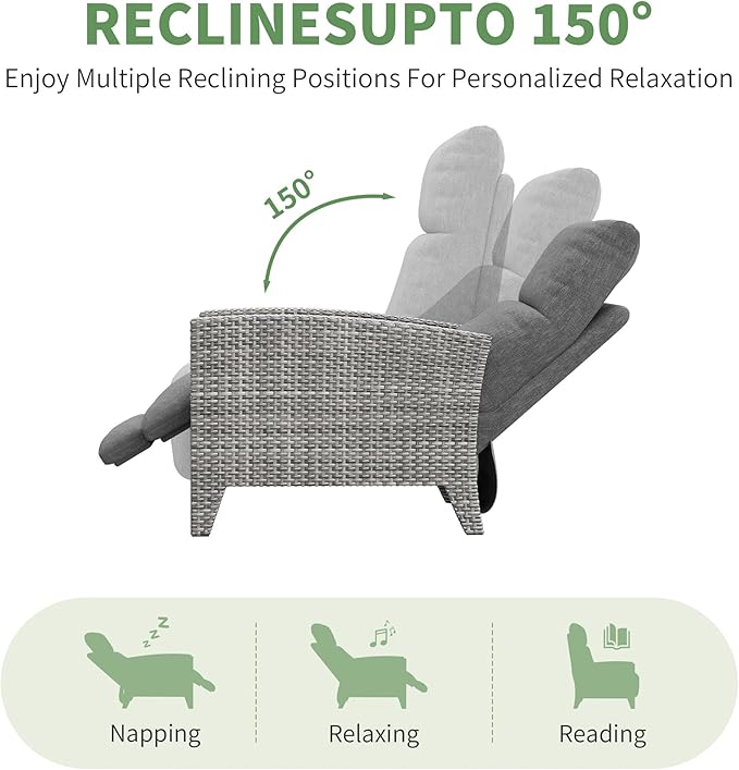 IDEALHOUSE Wicker Outdoor Recliner Reclining Patio Chairs with Adjustable Back & Footrest 150° Lay-Flat Reclining with Air Pump Rattan Flip-Up Side Table Outdoor Lounge Chairs for Pool Deck Balcony