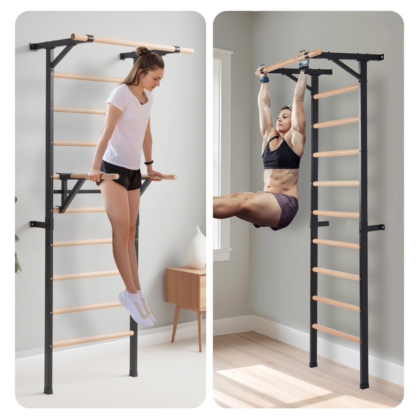 Morohope Solid Beechwood Stall Bar, 90" Swedish Ladder Wall Gym with Pull-up Bar & Dip Station, 220lbs Capacity Wall Mounted Gymnastics Ladder for Home Gym Training, Stretching & Bodyweight Exercise