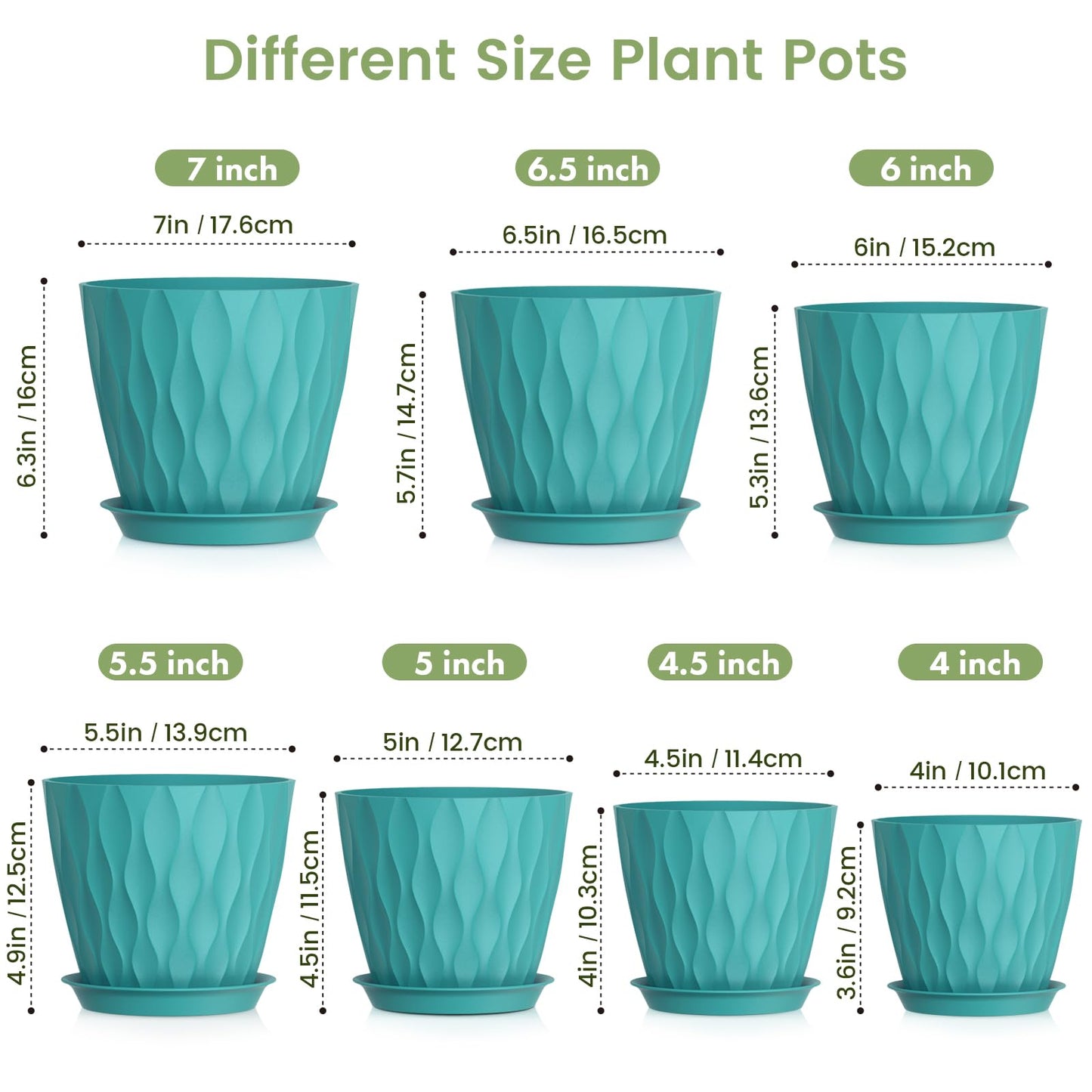 Meowell 7/6.5/6/5.5/5/4.5/4 inch Plant Pots for Indoor Outdoor Plants, 7 Pack Thick Flower Pots with Drainage Holes and Saucers, Modern Wave Texture Small Plastic Planters Nursery Pots, Blue Green