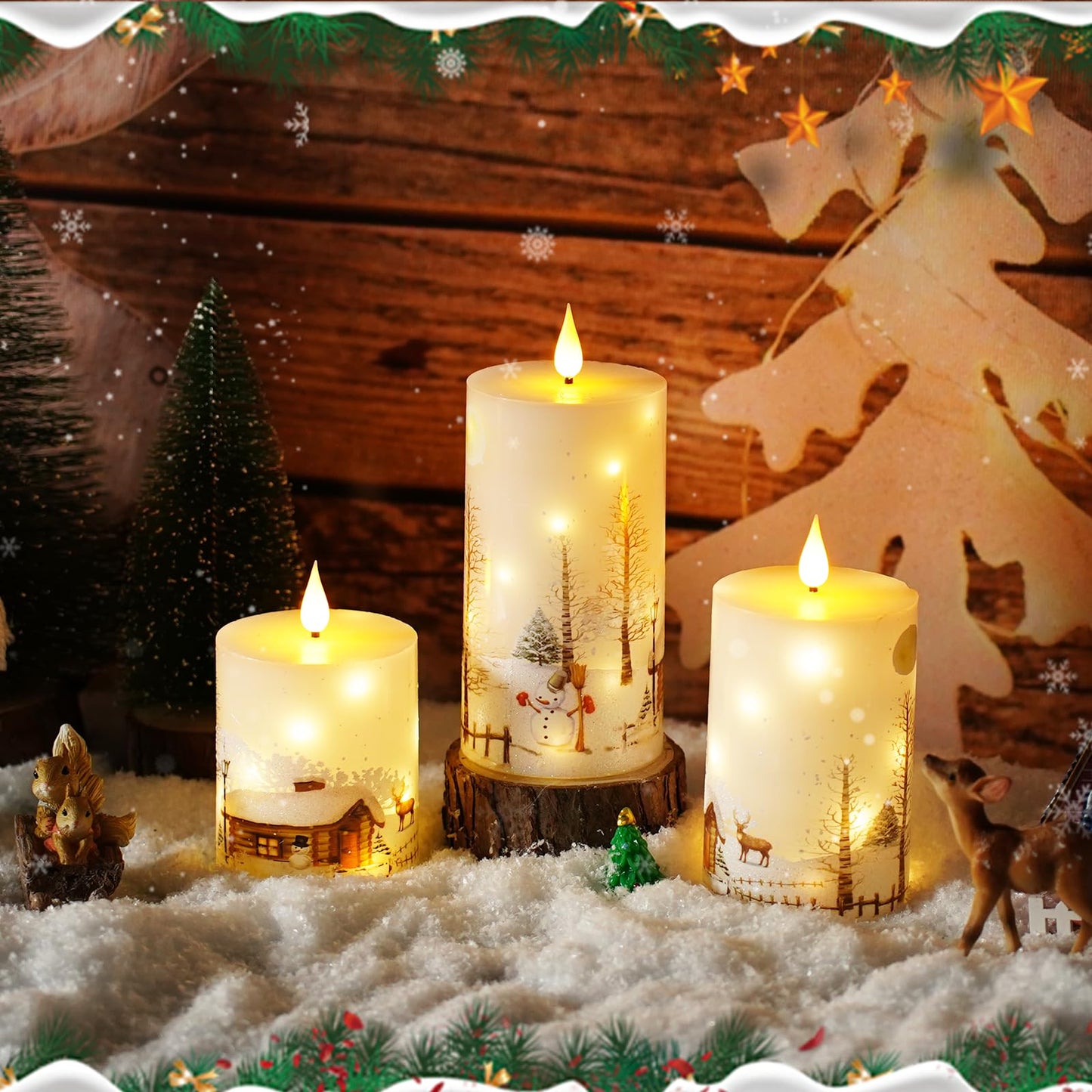 Christmas Flameless Candles with Remote - White LED Candles & String Lights, Battery Operated Set of 3 (D3 x H4/5"/6") for Window Decor, Christmas Decorations,Living Room Decoration