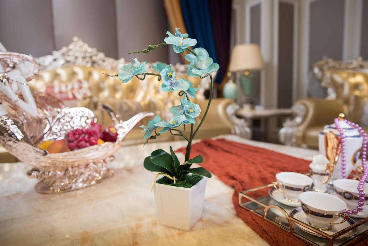 YSZL 15 Inches Tall Artificial Silk Phalaenopsis Orchid Flower Plant Pot Teal Arrangements (Golden Blue)