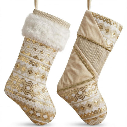 Valery Madelyn Christmas Stockings Decorations, 21 Inch Fabric 2 Pack White Gold Corrugation Exquisite Plush Personalized Fireplace Hanging Ornament for Holiday Xmas Party Decor