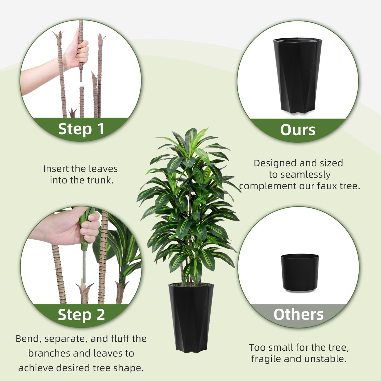 Artificial Dracaena Plant Indoor 5FT Fake Tree with Mocha Diamond Planter Faux Yucca Tall Fake Floor Plant Potted Artificial Trees for Home Office Living Room Decor Indoor