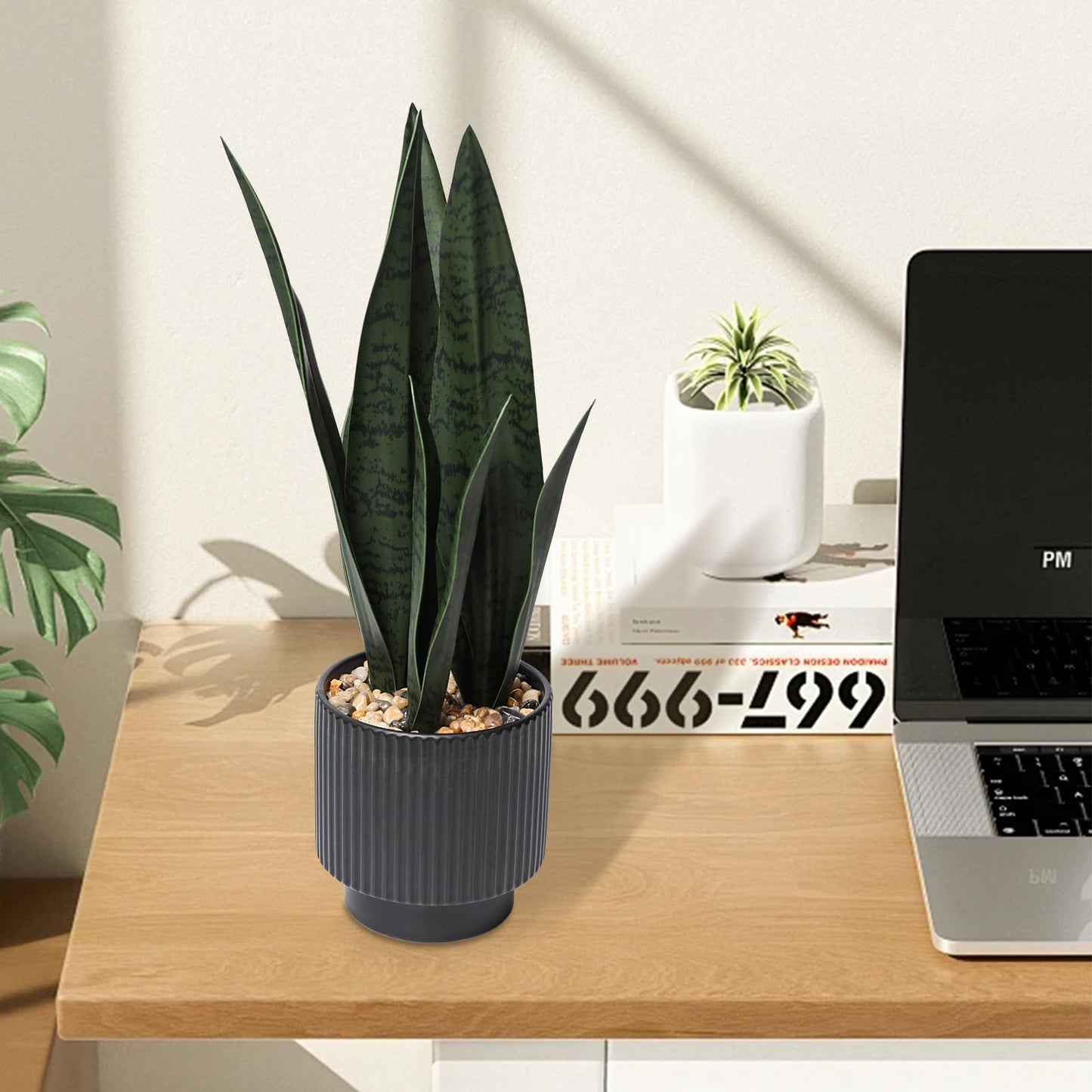 Chonsun Artificial Plants Sansevieria Snake Plant with Black Ceramic Pot Desk Small Fake Plant for Indoor Living Room Kitchen Bathroom Farmhouse Home Decor