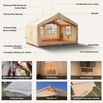 10'x 8' Inflatable Camping Tent,4 Season Blow up Tents for Camping, Large Inflatable Tent 6-8 Person, Glamping Inflatable Hot Tent with Stove Jack & AC Vent Outdoor Camping